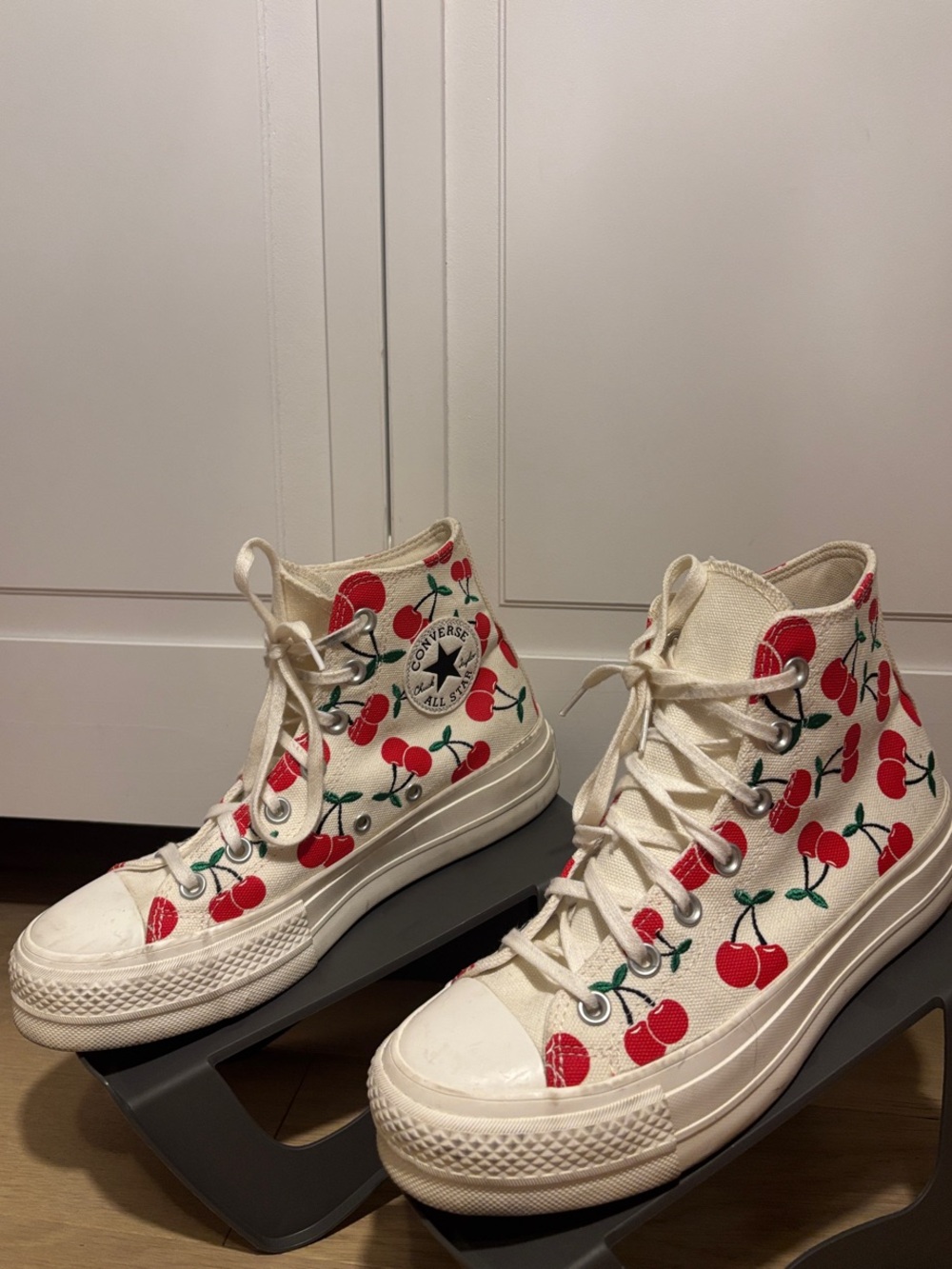 Converse High Top Sneakers in Cream with Red Cherry Print